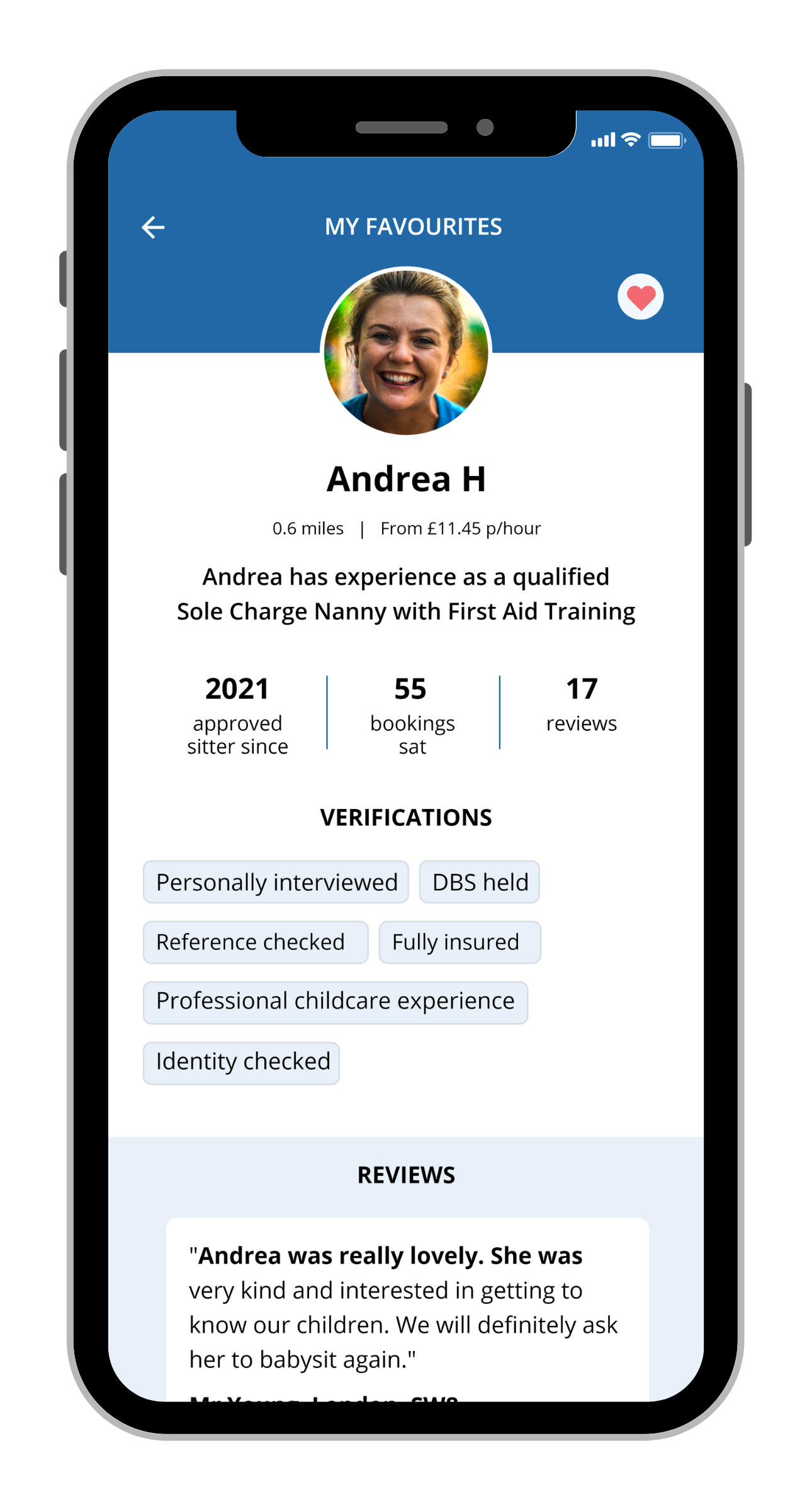 Sitters app screenshot of viewing sitter's profile