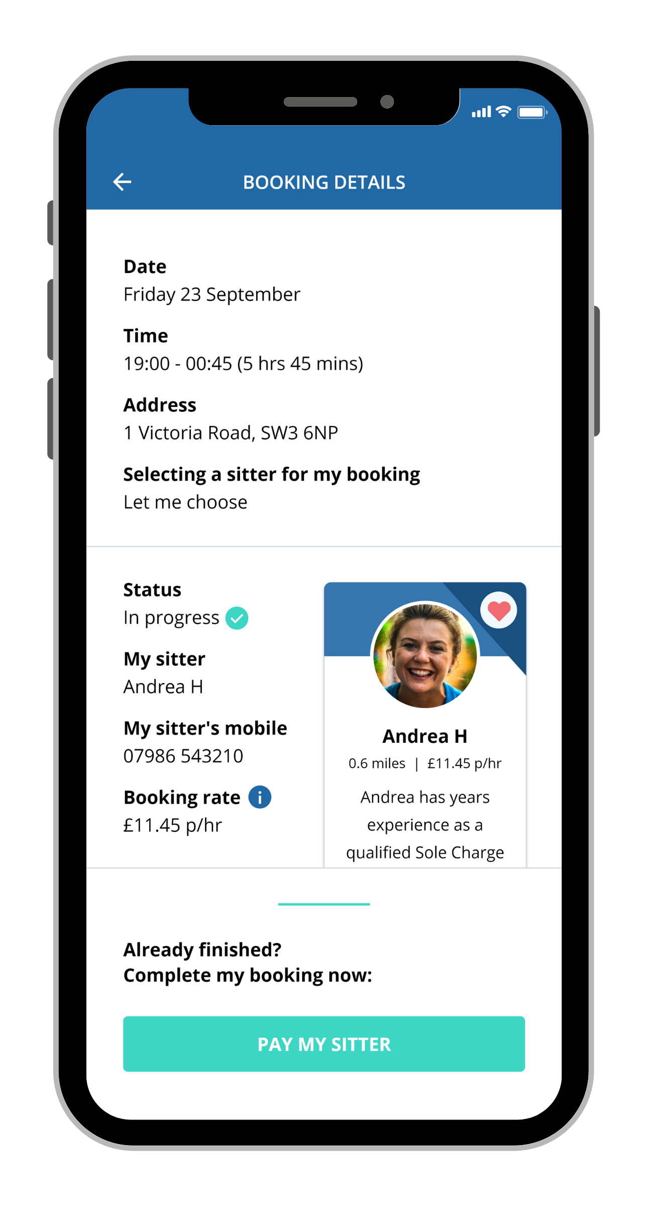 Sitters app screenshot of viewing booking information
